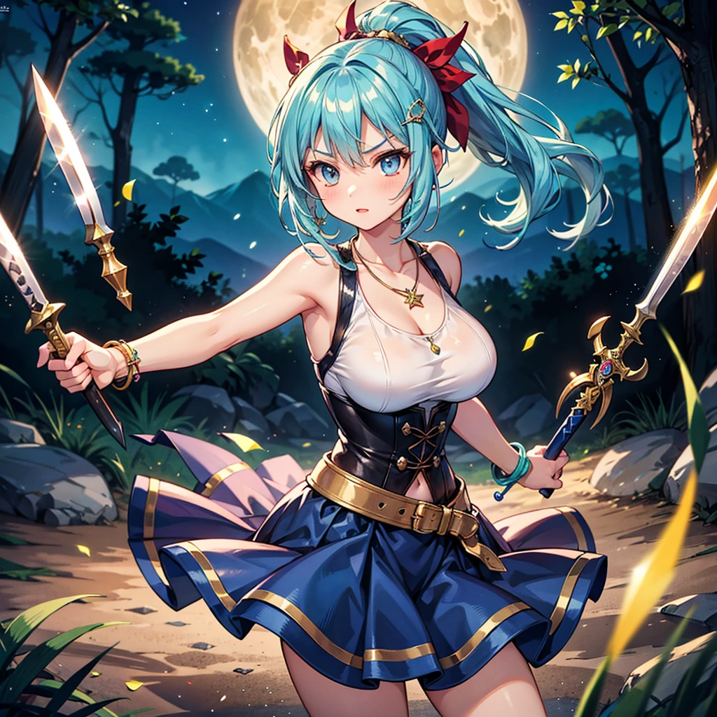 Anime Moe Art Style,Highest quality,High resolution,Anatomically correct,One Girl,Mid-s,A girl with light blue hair in a ponytail,Super detailed,Fantasy World,Sleeveless blouse,flare skirt,Big Breasts,Shiny skin,Beautiful Skin,A rich expression,Serious expression,Night Forest,Dynamic movement,Wielding a dagger,fight,Eyes drawn in detail,hair ornaments,necklace,bracelet,ring,8K
