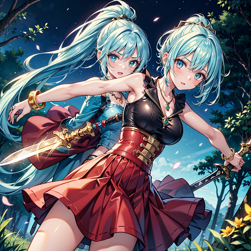 Anime Moe Art Style,Highest quality,High resolution,Anatomically correct,One Girl,Mid-teens,A girl with light blue hair in a ponytail,Super detailed,Fantasy World,Sleeveless blouse,flare skirt,Big Breasts,Shiny skin,Beautiful Skin,A rich expression,Serious expression,Night Forest,Dynamic movement,Wielding a dagger,fight,Eyes drawn in detail,hair ornaments,necklace,bracelet,ring,8K