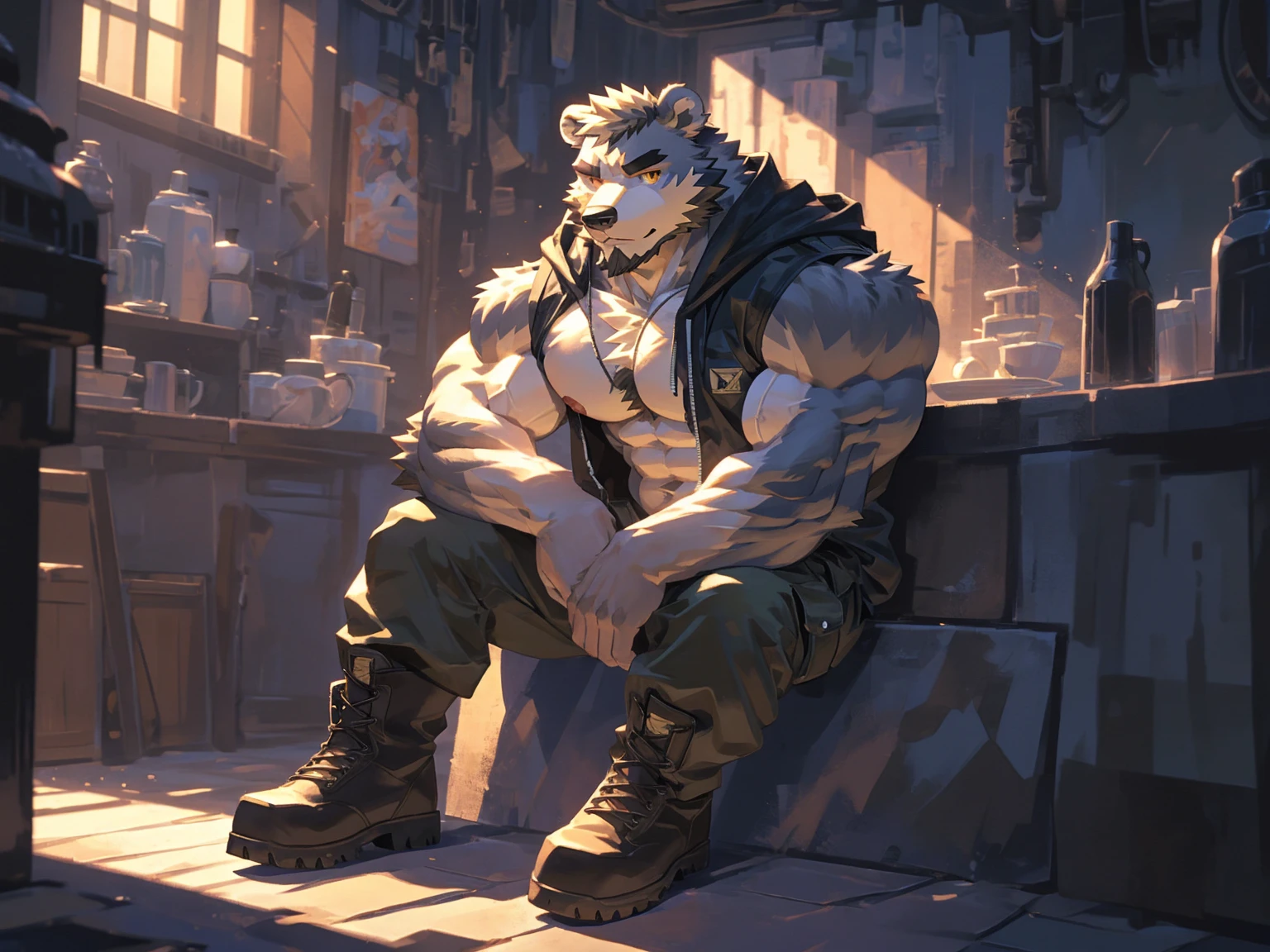 (masterpiece:1.2), best quality,pixiv,official art,perfect anatomy, (Ray tracing, light),solo, (1_male:1.3) , (muscle), (gray fur:1.4), (muscle bear), (beard:1.2), (gleaming golden eyes), Thick black eyebrows, open hoodie, (naked inside:1.2), cargo pants, (boots:1.2), portrait, sitting alone