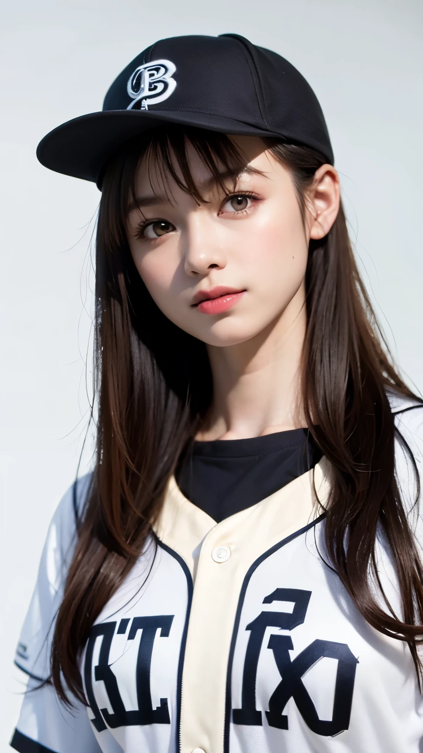 (Highest quality、8k、32K、masterpiece)、(Realistic)、(Realistic:1.2)、(High resolution)、Very detailed、Very beautiful face and eyes、1 Girl、Round and small face、Tight waist、(close、Highest quality、Attention to detail、Rich skin detail)、(Highest quality、8k、Oil paints:1.2)、(Realistic、Realistic:1.37)、Bright colors、(((Redhead)))、(((Upper Body Shot)))、(((Medium Hair)))、(((White wall background)))、(((Fun Expressions)))、(((Baseball uniforms)))、(((Black and white uniform)))、smile、(((Long Hair、Baseball cap)))