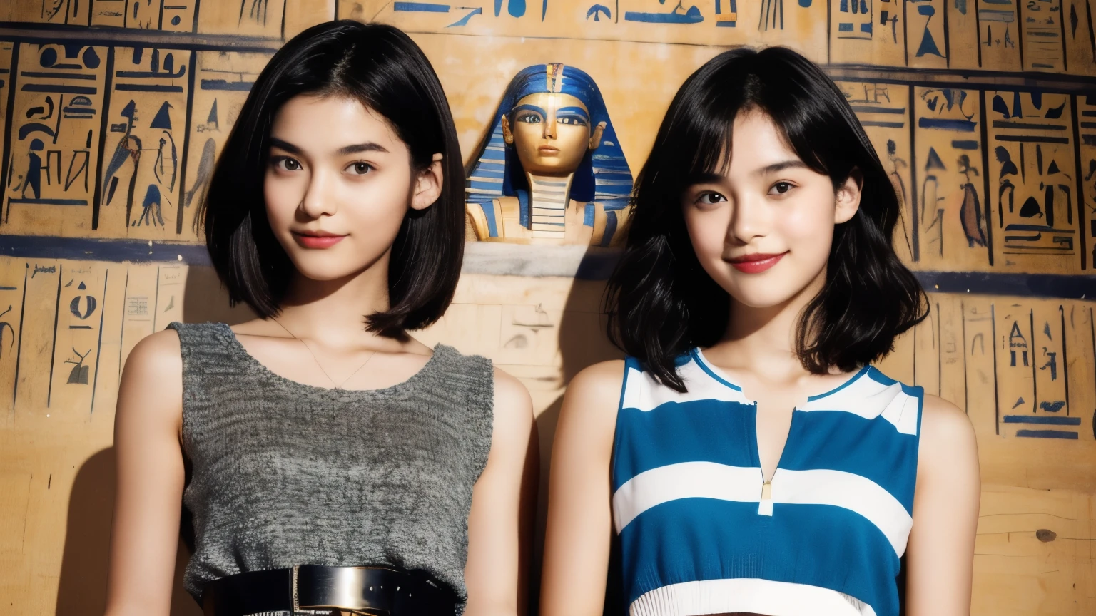245 Inside the mural2people々々々々(An 18-year-old female and an 18-year-old male), short hair,kind, lipstick, Egyptian civilization, Waist belt, Hieroglyphics, smile