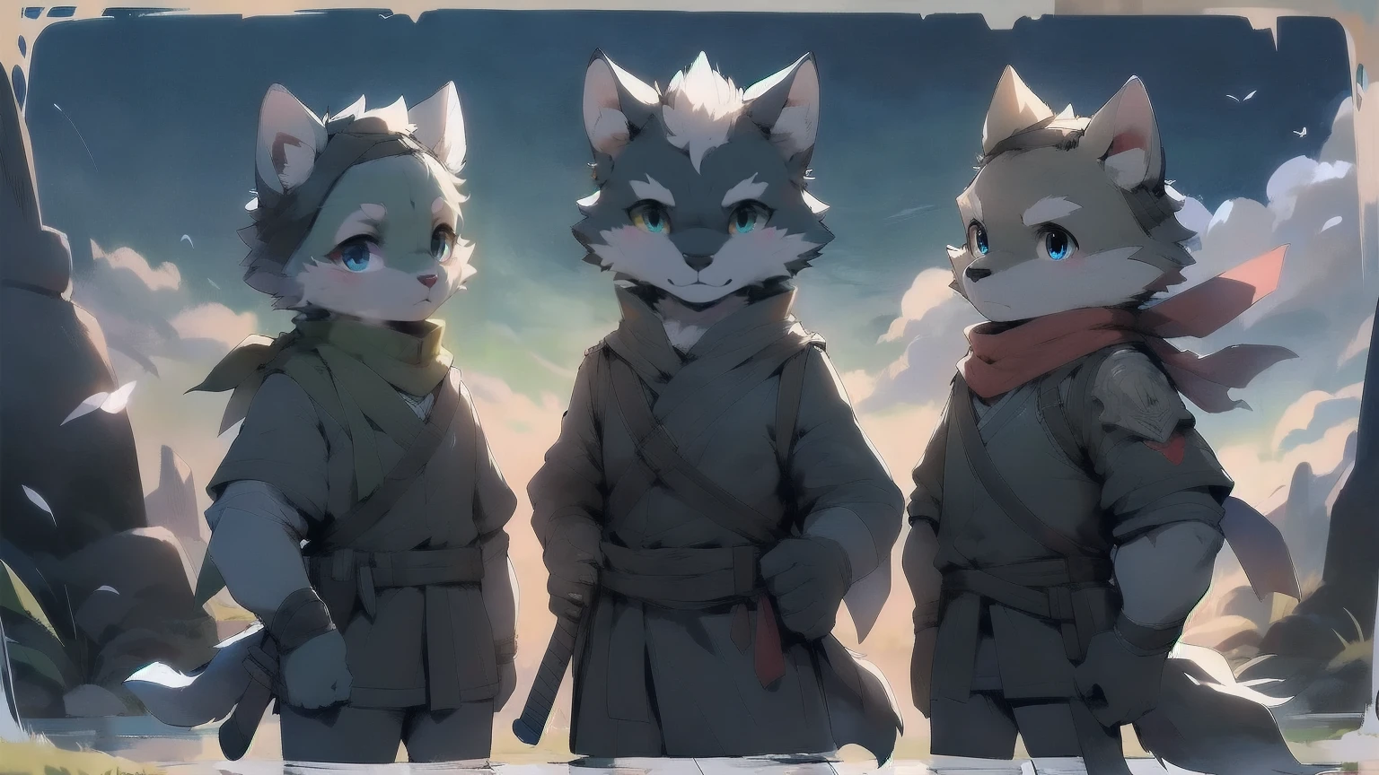 Wolf,juvenile,male,Gray-black fur,Sky blue eyes,Ancient combat uniform,scarf,Holding a long sword,Scabbard back,permanent,The only one,dawn,illumination,Break