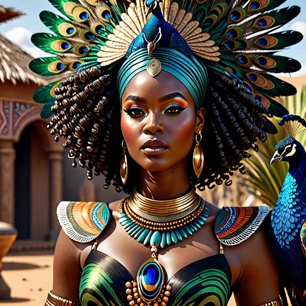Photorealistic, a thick body black woman in African tribal luxury clothes, birds flying, Peacock Clothes, African goddess, afrofuturism, afrofuturism fashion, ultra quality, masterpiece, intricate details, very detailed, beautiful face, 8K, cinematic scene, photorealistic, cabelo castanho enrolado, curly Hair