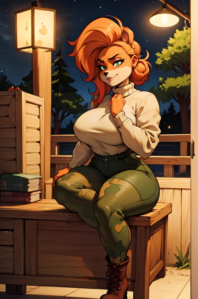 (best quality,4k,8k,highres,masterpiece:1.2),ultra-detailed,realistic:1.37,portrait, anthro very sexy bandicoots girls lesbian redhead, braided hair, beautiful green eyes, seductive, warm sweater, camouflage pants, army boots, smirking, cozy lighting, vibrant colors. Futanari, lewd, night, hands to