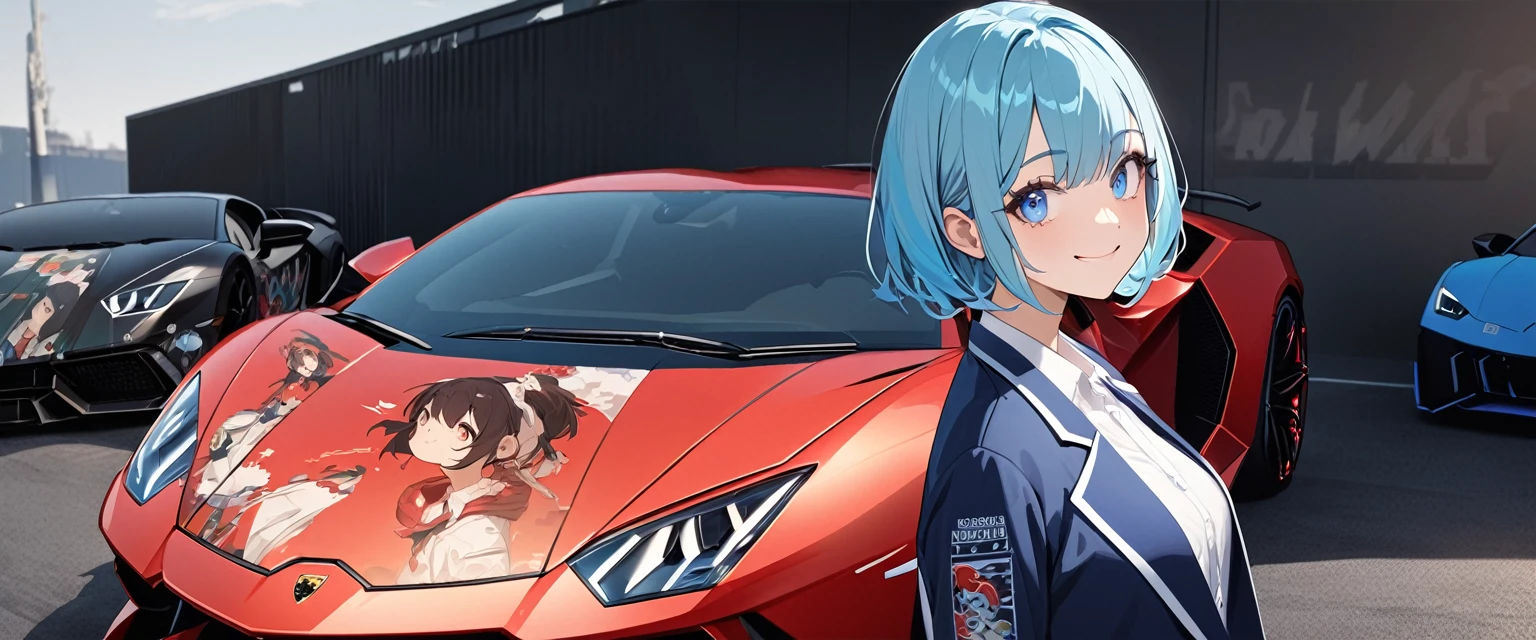 (Highest quality、Very detailed、Very detailed and beautiful、Ultra-high resolution) 、((A sports car with an anime girl printed on the hood))、((Lamborghini)), Blue-haired 、{Round eyes、Light Hair、Short Bob Hair}, ,{Dark Blue Blazer、White shirt、Blue ribbon}、smile