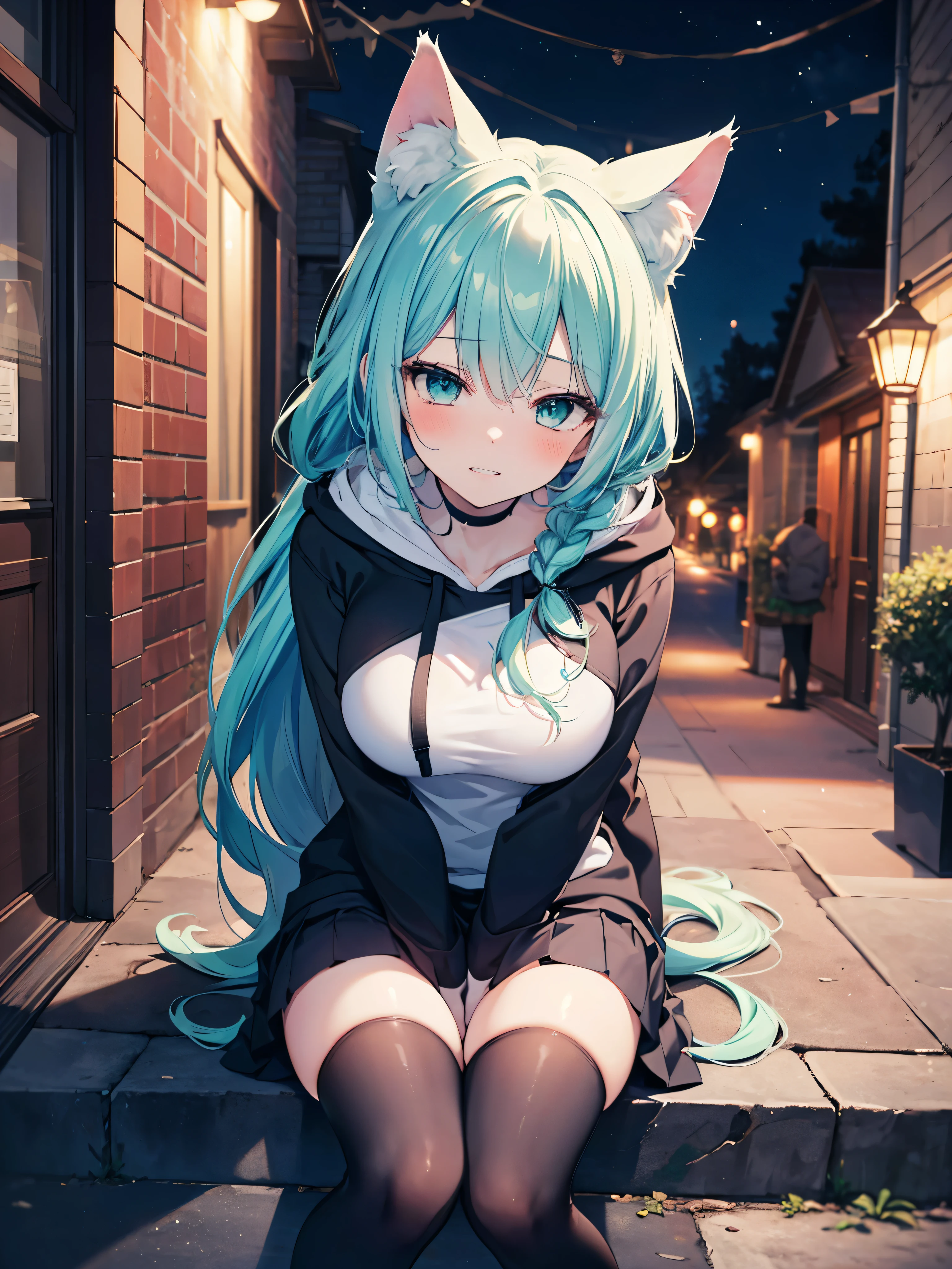 ((masterpiece)), ((best quality)), ((8K)), high resolution, 1girl, cat ears, night, hoodie, skirt, kneehighs, looking up, green eye, aqua and blue hair, long hair, braid, pale skin, large breasts, blush, half closed eyes, teeth, smugness, dress