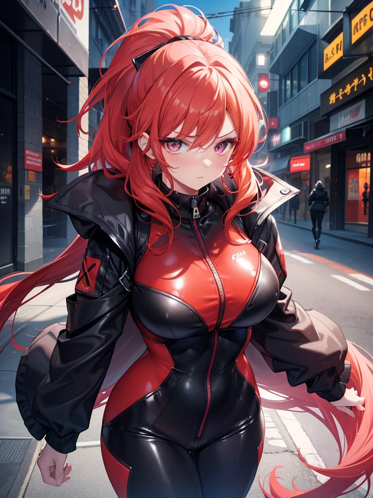 A breathtaking digital artwork shows a red-haired woman with a scared, embarrassed expression, her ponytail made of fiery curls, and her glowing, super-detailed eyes drilling her inner turmoil. Lips full of her, painted a strong red, increase her allure. Boasting a sculpted physique and wide hips, she attracts attention, wearing a closed and tight black leather jumpsuit. Its shiny trajectory surface accentuates your curves and highlights your shape. Hanging over her shoulders is a hooded sweatshirt, its neon pink interior providing a bold contrast. As she walks down a busy street, deep in thought