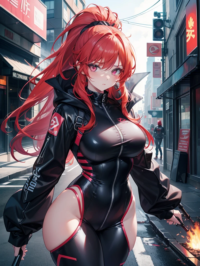 A breathtaking digital artwork shows a red-haired woman with a scared, embarrassed expression, her ponytail made of fiery curls, and her glowing, super-detailed eyes drilling her inner turmoil. Lips full of her, painted a strong red, increase her allure. Boasting a sculpted physique and wide hips, she attracts attention, wearing a closed and tight black leather jumpsuit. Its shiny trajectory surface accentuates your curves and highlights your shape. Hanging over her shoulders is a hooded sweatshirt, its neon pink interior providing a bold contrast. As she walks down a busy street, deep in thought