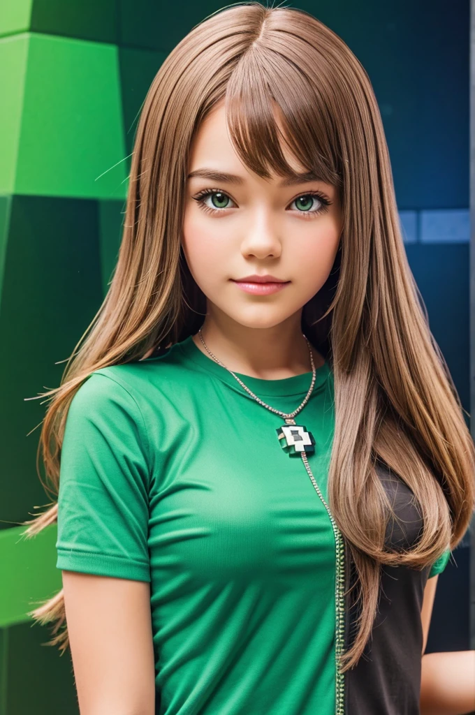 Make a Cute girl character wearing animated Minecraft background