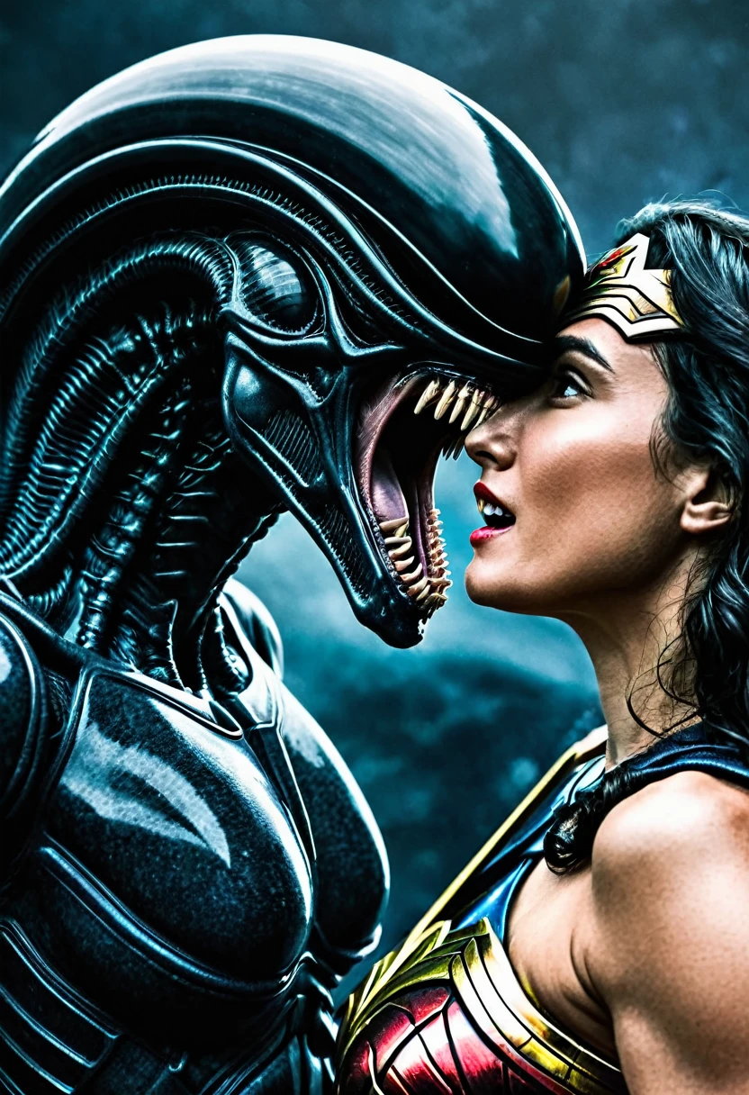 ((((Extreme close-up Xenomorph Alien the eighth passenger against Wonder Woman battle of champions Xenomorph VS Wonder Woman surreal and cinematic images Color Splash images))))