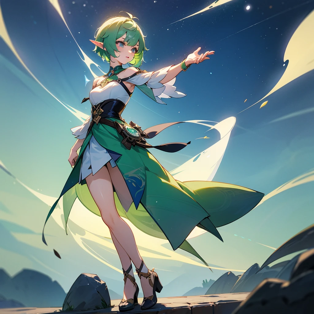 Pretty, beautiful, elf girl, elf, green hair, short hair, pretty hair, beautiful body, genshin impact design, fashion, fashion design, genshin impact, video game, full body, pretty face, starry clothes.