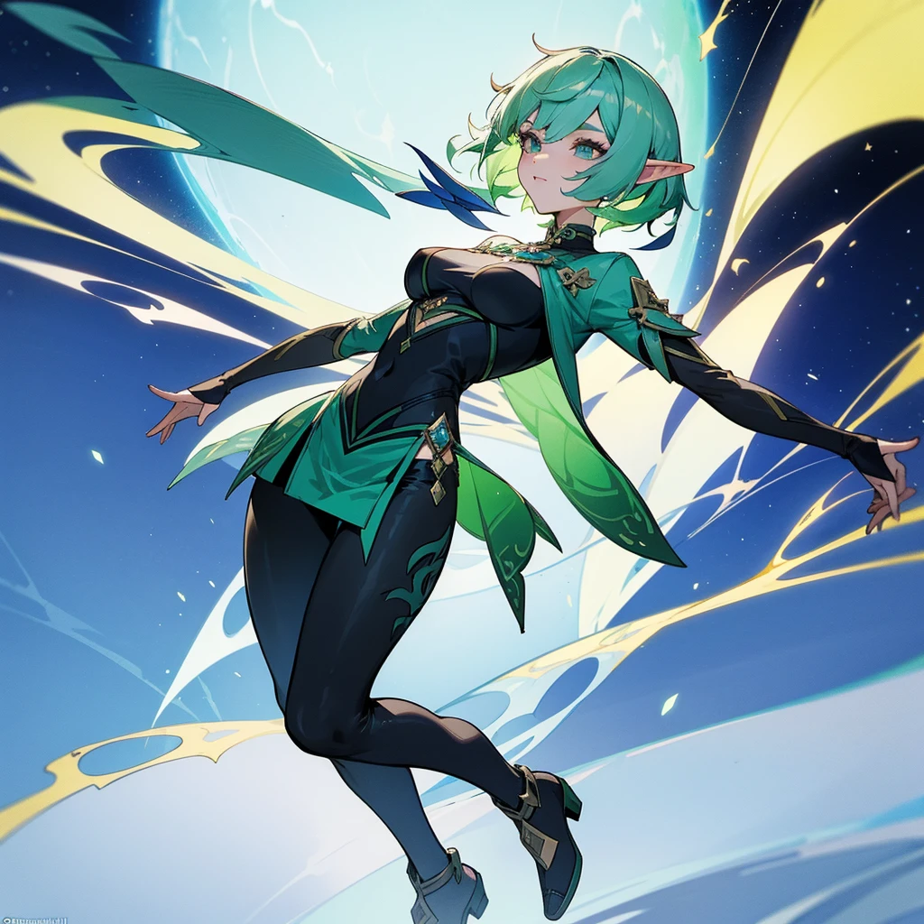 Pretty, beautiful, elf girl, elf, green hair, short hair, pretty hair, beautiful body, genshin impact design, fashion, fashion design, genshin impact, video game, full body, pretty face, starry clothes.