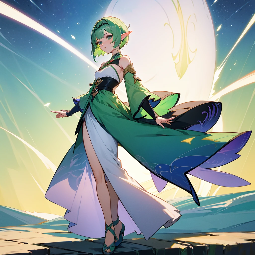 Pretty, beautiful, elf girl, elf, green hair, short hair, pretty hair, beautiful body, genshin impact design, fashion, fashion design, genshin impact, video game, full body, pretty face, starry clothes.