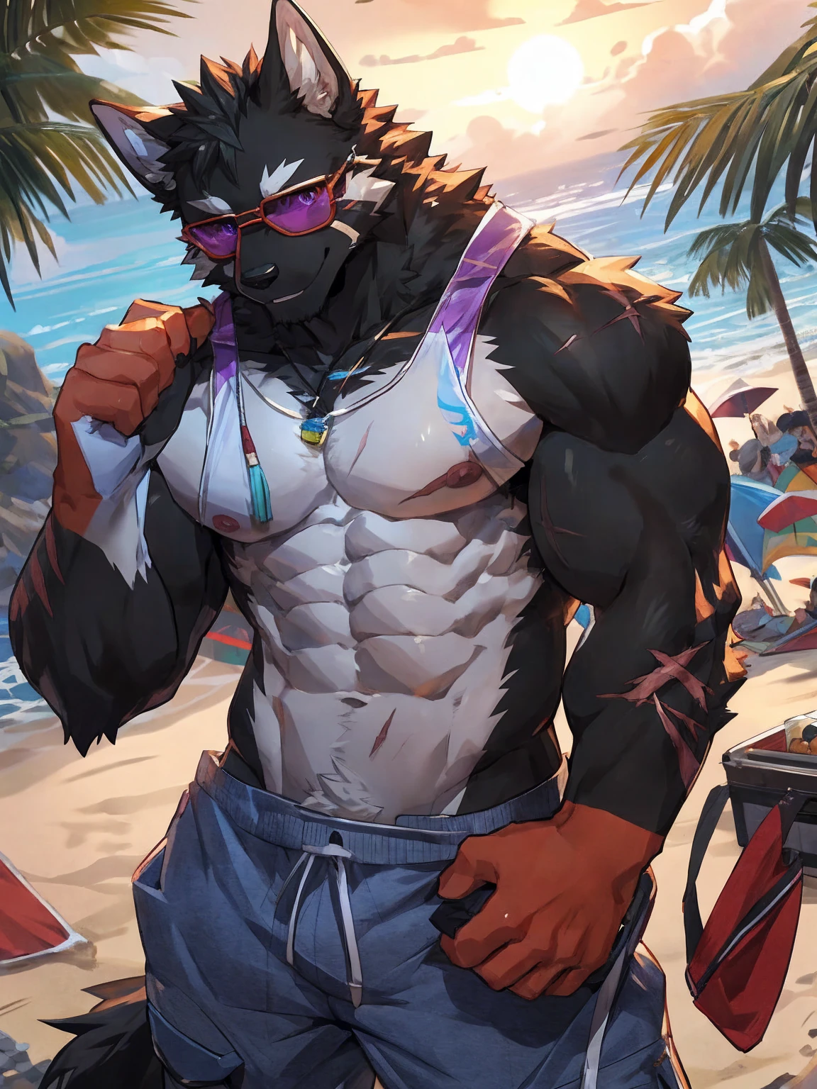 embedding:black wolf, male,purple eyes,Scar on the face, scar on the body,Single Person,sunglasses,Black fur.A swimsuit,Beach Pants，Mature, The highest quality of scene detail,adult,Tall and powerful,muscle，Best quality hands, best quality eye，detailed fur，Delicate eyes.Extreme picture quality，by sollyz,by zixiong,by milkytiger1145