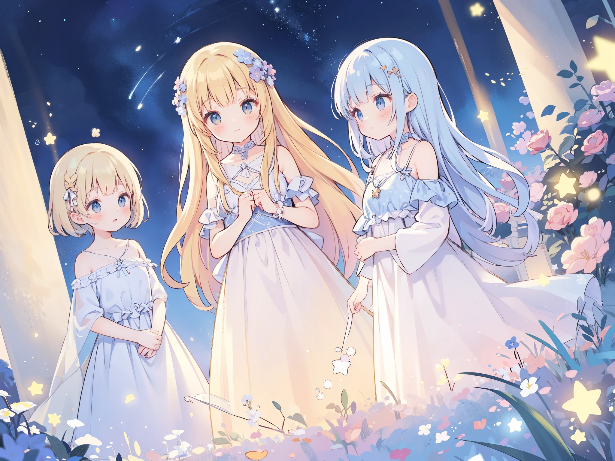 complex background, wishing star background, 3girls wearing ethereal mystical translucent dresses that reflects the stars, dreamy, peaceful, serene composition, glowing stars, glowing, mystic, complex drawing, highly detailed, ethereal, starry night, midjourney style