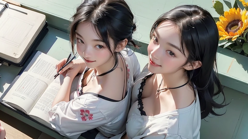(((((Top view))))) ((((((Looking at this))))))
8k、RAW Photos、Highest quality、Super detailed、Super Resolution、Ultra HD、8k wallpaper、Amazing details、
((White-walled school classroom))、Many students、blackboard、(((Write in a notebook)))、(smile)、(A 16-year-old girl sitting at a desk studying)、(Emphasize cleavage)、Heart Necklace
(((A black floral bra is visible)))