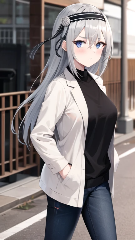 best quality, highres, kei1, 1girl, solo, blue eyes, long hair, bangs, grey hair, black hairband, hair ornament, hair between eyes, medium breasts,jacket, black jean, hands in pocket, frown, walking,