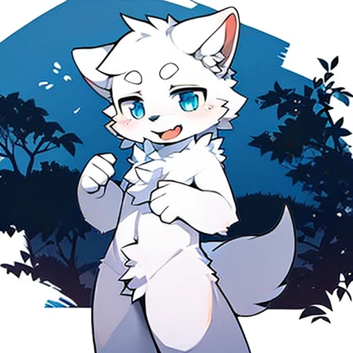 White Wolf,boy,individual,blue eyes,All white,smooth fur,Standing,shy,Tongue,night,White floor