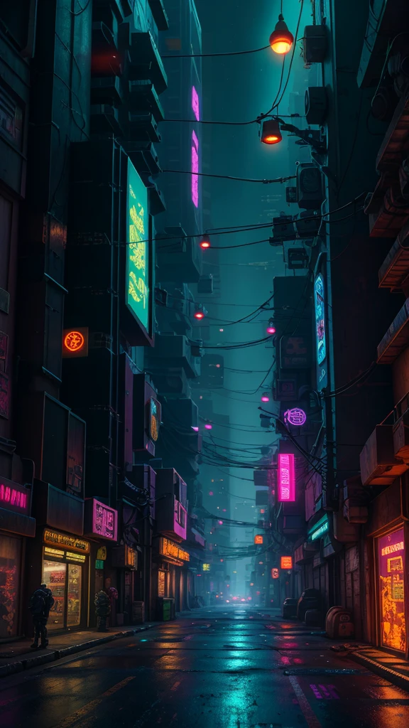 Cyberpunk city from sci-fi movie, empty street, night, buildings, old shop, irregular, circuit boards, wires, intricate, super detailed, realistic, hyper realistic, high quality, best, super detail , crazy detail, very detailed, photorealistic, epic composition, best quality, 32k --v 6