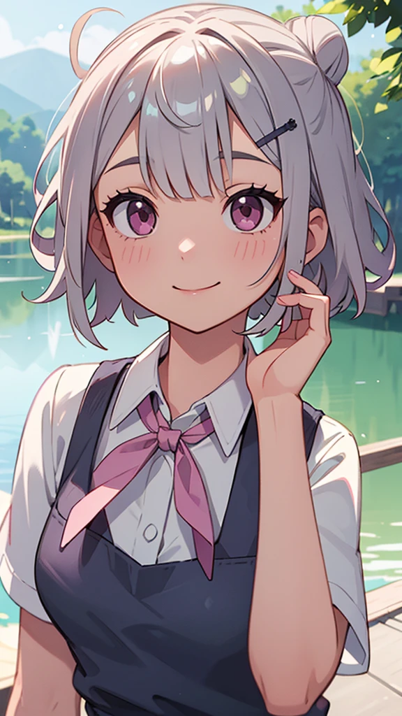 （Highest quality，masterpiece，Surreal）, (Professional photography:1.2), 1 Girl, Silver short hair and bob hair、Tie your hair up with a hair clip、Pink Eyes、smile、pastel colour、Upper body close-up、Cafe next to the lake