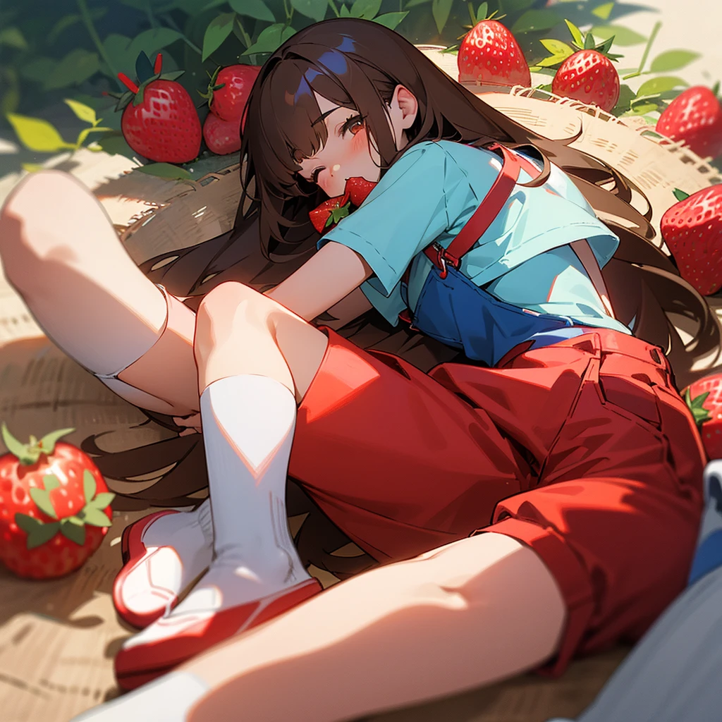 Light-skinned girl with long brown hair, fringe and a red bow on the back of her head, wearing blue dungarees with a white short-sleeved T-shirt with blue shorts and knee-high socks, eyes closed, red shoes in the background on a strawberry field with red cheeks eating a strawberry with a picnic blanket 