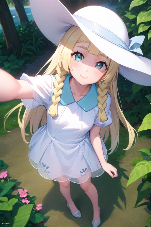 1 girl, masterpiece, top quality, lillie (pokemon), lillie, dress, green eyes, blonde hair, long hair, white dress, blush, white hat, big hat, selfie, selfie from above, looking at viewer, ************, braids, twin braids, blonde, Full body image, outdoors, nature, sky, cute, happy, nice smile, young, bright sunlight, lily flower, have flowers, white lily, (masterpiece:1.2), best quality, high resolution, unity 8k wallpaper, (illustration:0.8), (beautiful detailed eyes:1.6), extremely detailed face, perfect lighting, extremely detailed CG, (perfect hands, perfect anatomy),