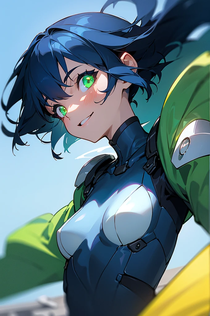 lively girl、small breasts、riders jacket、dark blue hair、bob hair、Glowing green eyes、From the side、gloves、bright smile、roof of the building、Blowin' in the wind、blue sky、upper body close-up、sharp outline