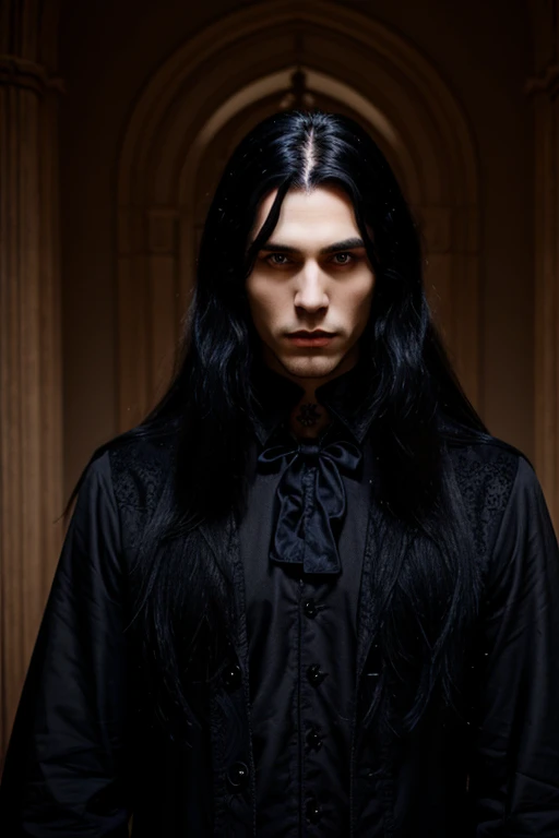 Gothic young and tall lovely vampire man with big indigo eyes and long black hair