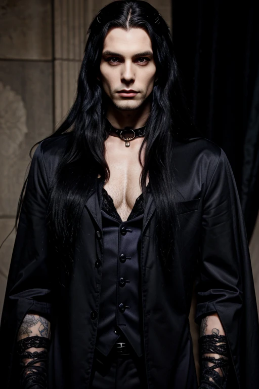 Gothic young and tall lovely vampire man with big indigo eyes and long black hair