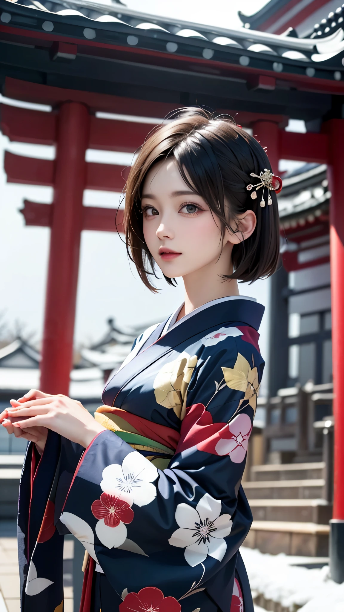 ((japanese kimono))、Snowy Japanese shrine background、(cowboy shot:1.3)、(UHigh resolution, retina, masterpiece, Accurate, Anatomically correct, Textured skin, Super detailed, Attention to detail, high quality, 最high quality, High resolution, 1080p, High resolution, 4K, 8k, 16K), (Beautiful fine details, Beautiful lip detail, Highly detailed eyes and face), Soft lighting, Physically Based Rendering, Vibrant colors, (Shiny Hair, Shiny skin), (Bokeh), Eye Reflexes,(short hair:1.4)