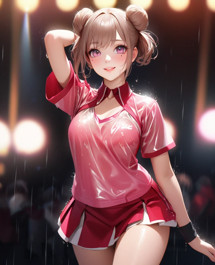 One Girl、Looking at the audience、lovely,
Beautiful pink eyes、Two brown double hair buns , Mole under the eye、Plump and glossy lips、Heart-shaped choca、Dance team uniforms, mini skirt、Her name is May,smile、ー、。.。.。.。.。.。.。.。.。.。.。.。.。.。.。.。.。.。.3D、Realistic、
Dance team uniforms was soaked in the heavy rain, and her chest was wet and transparent.Heavy rain at outdoor concert, Drape clothes、gem、The decoration has been removed、Floral、Lace trim,On a glittering stage、
masterpiece、highest quality、8k、Detailed skin texture、Detailed cloth texture、Beautifully detailed face、Intricate details、Very detailed、
超A high resolution、8k Ultra HD、Film Grain、Best Shadow、delicate、Gazing at the audience、front