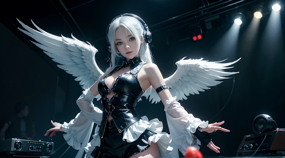 House music, techno, dance music, hip-hop, high-energy, uplifting, pads, workout, leprechaun, white hair: long, blue eyes, small breasts, vest, garter, hair accessories, seductive smile, gaze, head tilt, behind arms, (slim), (thin legs: open legs), high detail, best quality, masterpiece, detailed ice, cumulonimbus clouds, beautiful details glow, ice crystal textured wings, Music girl, headphones, discs, speakers, volume, buttons, synthesizers, record players, open reel, microphones, recording equipment, instruments, electronic music, turntables, techno, night live studio, LED, mirror ball, laser beam, pole dancing, pole girl, dance, erotic, bondage fashion, tattoos, gothic, ta, cosplayers,