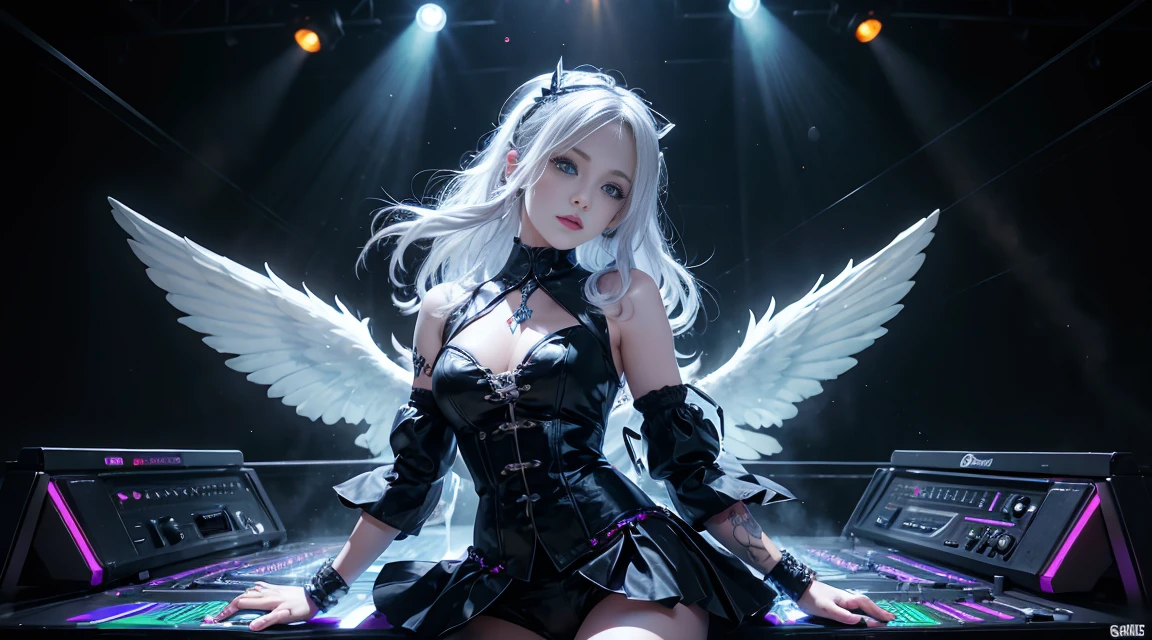 House music, techno, dance music, hip-hop, high-energy, uplifting, pads, workout, leprechaun, white hair: long, blue eyes, small breasts, vest, garter, hair accessories, seductive smile, gaze, head tilt, behind arms, (slim), (thin legs: open legs), high detail, best quality, masterpiece, detailed ice, cumulonimbus clouds, beautiful details glow, ice crystal textured wings, Music girl, headphones, discs, speakers, volume, buttons, synthesizers, record players, open reel, microphones, recording equipment, instruments, electronic music, turntables, techno, night live studio, LED, mirror ball, laser beam, pole dancing, pole girl, dance, erotic, bondage fashion, tattoos, gothic, lolita, cosplayers,