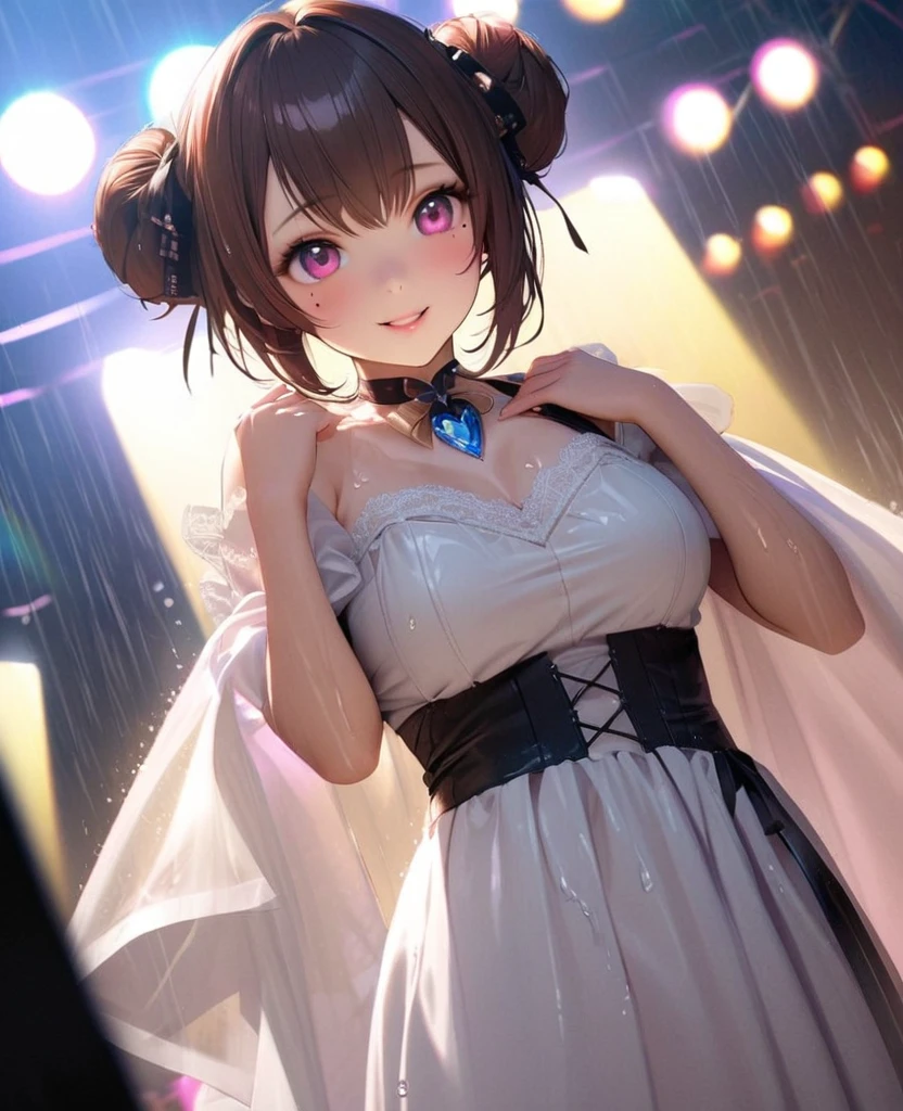 One Girl、Looking at the audience、lovely,
Beautiful pink eyes、Two brown double hair buns , Mole under the eye、Plump and glossy lips、Heart-shaped choca、Idol、Her name is May,smile、ー、。.。.。.。.。.。.。.。.。.。.。.。.。.。.。.。.。.。.3D、Realistic、
The idol's costume was soaked in the heavy rain, and her chest was wet and transparent.Heavy rain at outdoor concert, Drape clothes、gem、The decoration has been removed、Floral、Lace trim,On a glittering stage、
masterpiece、highest quality、8k、Detailed skin texture、Detailed cloth texture、Beautifully detailed face、Intricate details、Very detailed、
超A high resolution、8k Ultra HD、Film Grain、Best Shadow、delicate、Gazing at the audience、front