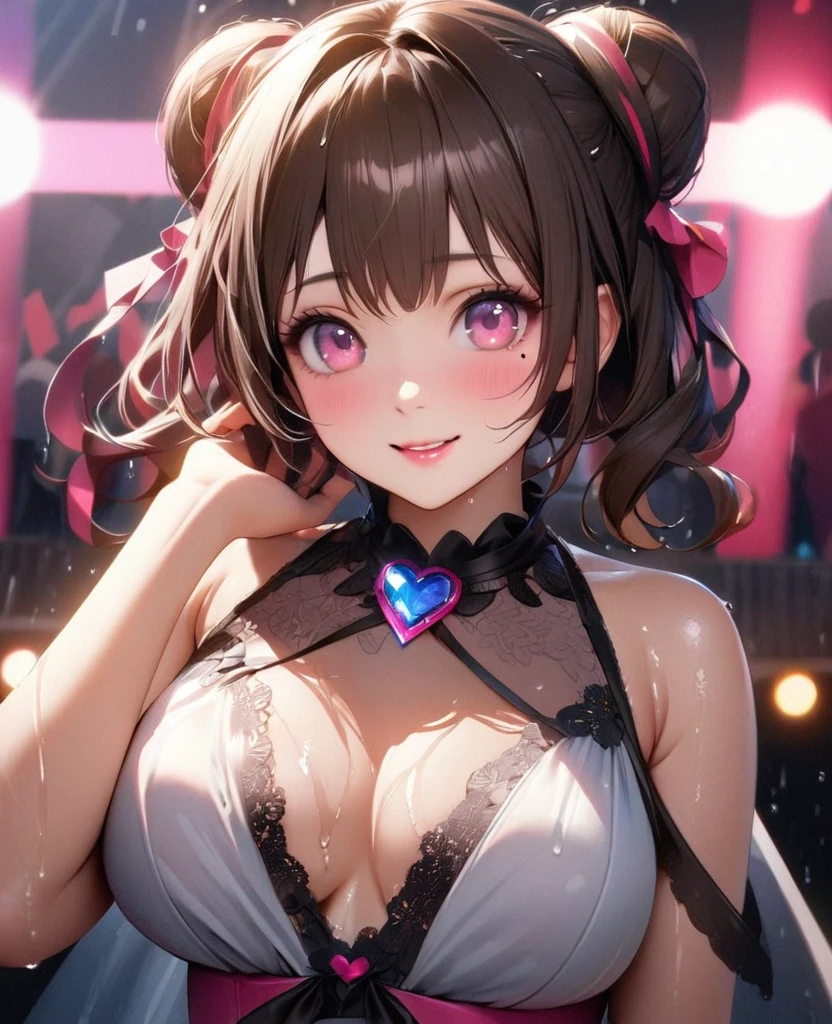 One Girl、Looking at the audience、lovely,
Beautiful pink eyes、Two brown double hair buns , Mole under the eye、Plump and glossy lips、Heart-shaped choca、Idol、Her name is May,smile、ー、。.。.。.。.。.。.。.。.。.。.。.。.。.。.。.。.。.。.3D、Realistic、
The idol's costume was soaked in the heavy rain, and her chest was wet and transparent.Heavy rain at outdoor concert, Drape clothes、gem、The decoration has been removed、Floral、Lace trim,On a glittering stage、
masterpiece、highest quality、8k、Detailed skin texture、Detailed cloth texture、Beautifully detailed face、Intricate details、Very detailed、
超A high resolution、8k Ultra HD、Film Grain、Best Shadow、delicate、Gazing at the audience、front