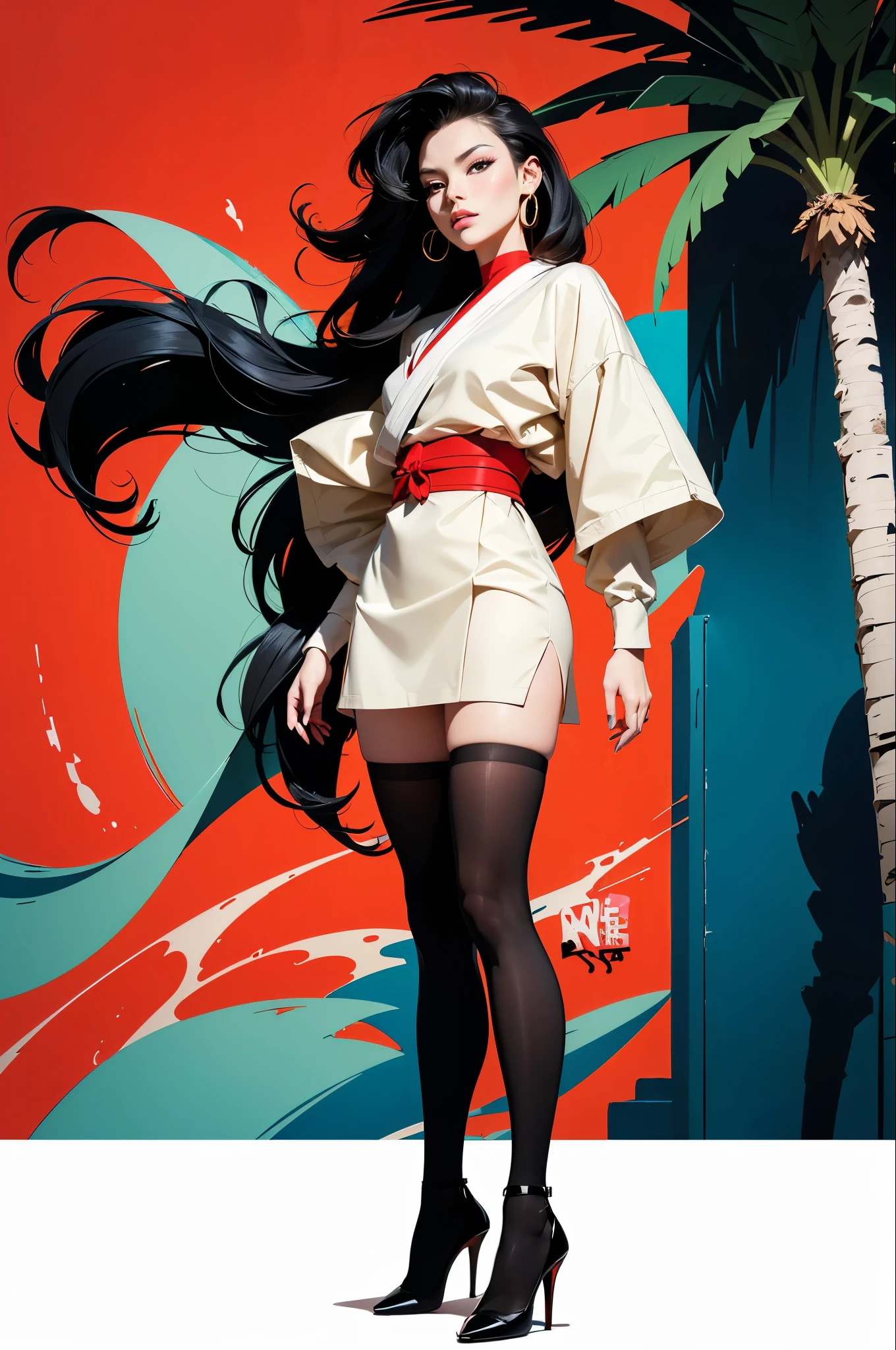 ((Art style by Patrick Nagel)), ((8k, wallpaper, detailed)), 2girls, korean popstar, thighhighs, high heels, long legs, black hair, pretty hands, fringe, full body, samurai sword, (multiple girls:1.4), simple red background, palm trees, (graffiti wall:1.2), muscular, strong, courageous, art by Patrick Nagel