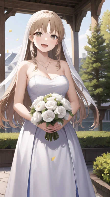 masterpiece, best quality, highres, aasister, long hair, wedding dress, white dress, necklace, strapless, cleavage, garden, standing, cowboy shot, holding bouquet, smile, open mouth, confetti,
