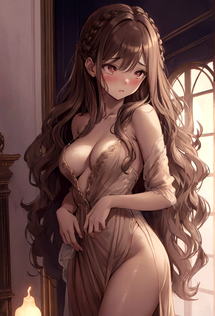 a beautiful women no panties, blushing, no bra, long wavy brown hair, detailed facial features, delicate skin, elegant posture, magical atmosphere, intricate background, soft lighting, cinematic composition, dreamlike ambiance, ethereal quality, muted color palette, chiaroscuro lighting, romantic and alluring