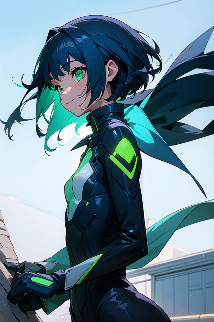 lively girl、small breasts、riders jacket、dark blue hair、bob hair、Glowing green eyes、From the side、gloves、bright smile、roof of the building、Blowin' in the wind、blue sky、upper body、sharp outline, 