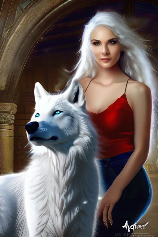 arafed photo of a woman and man with a white wolf, white wolf, wolfgirl, wolfman digital art. photo realistic, realistic digital art, a white wolf, female anthropomorphic wolf, photorealistic digital art, in style of wlop, fantasy wolf portrait, wolf like a human, realistic picture, photorealistic art style, white wolf with blue eyes