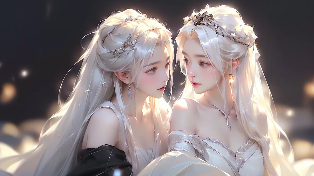 (((From this knee up)), Night view, Stella, (((masterpiece:1.5, detailed:1.4)),, One girl is sitting, Watch from above、Backlight, A fantastic atmosphere envelopes this ancient city as this sun sets。At this center of this magical moment is a woman、(White-haired girl:1.5)and、Her beautiful hair、(Backlight)A shimmering white waterfall flows down from below.。Exudes mysterious charm、Suspended particles bloom in this surrounding air、Her beauty、(Beautiful white and shining skin:1.3)Exudes a mysterious glow。this((A dress as black as this night sky))It is beautiful and decorated、The off-shoulder design makes the overall look more feminine.