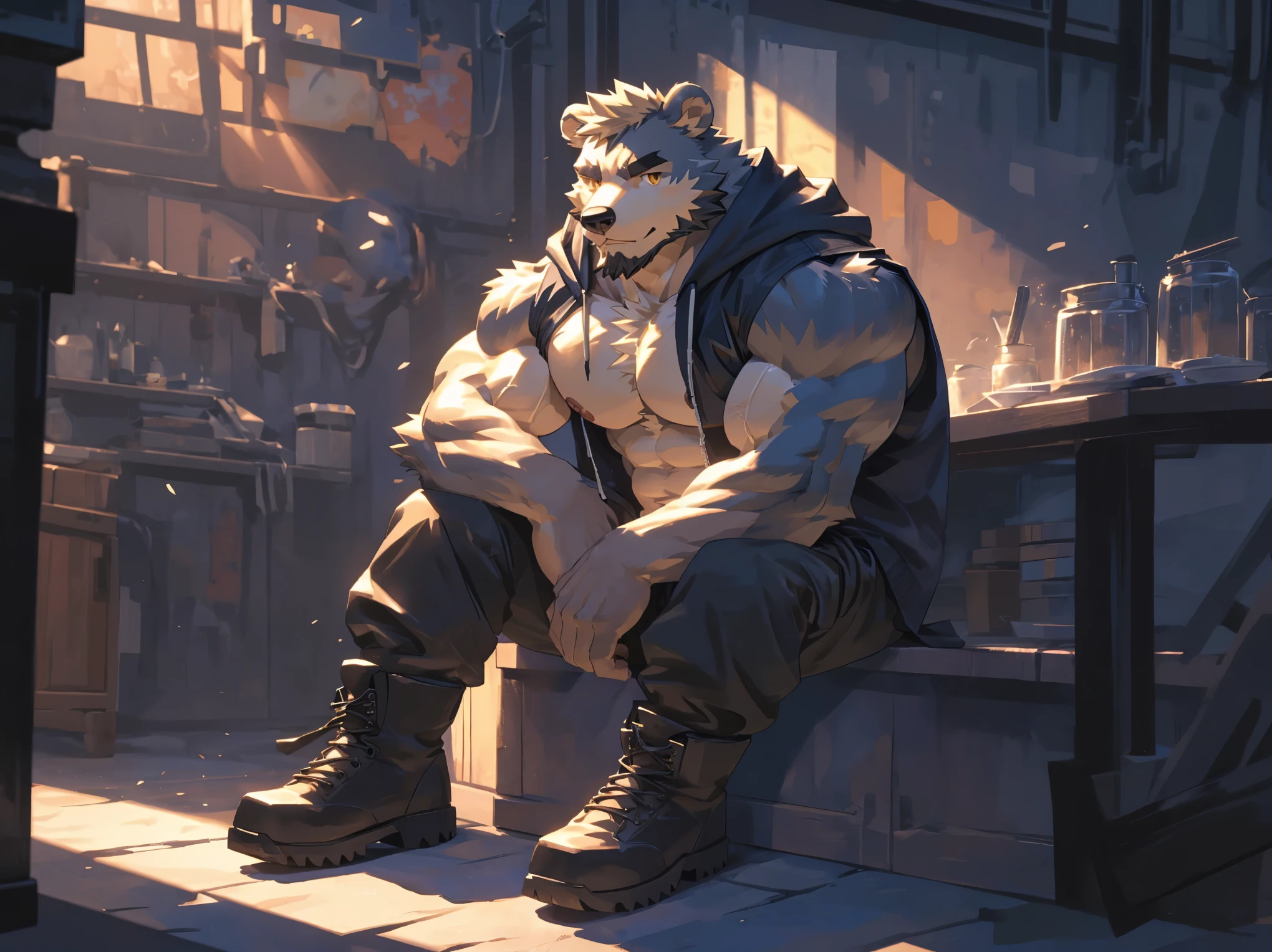 (masterpiece:1.2), best quality,pixiv,official art,perfect ???????, (Ray tracing, light),solo, (1_male:1.3) , (muscle), (gray fur:1.4), (muscle bear), (beard:1.2), (gleaming golden eyes), Thick black eyebrows, open hoodie, (????? inside:1.2), cargo pants, (boots:1.2), portrait, sitting alone