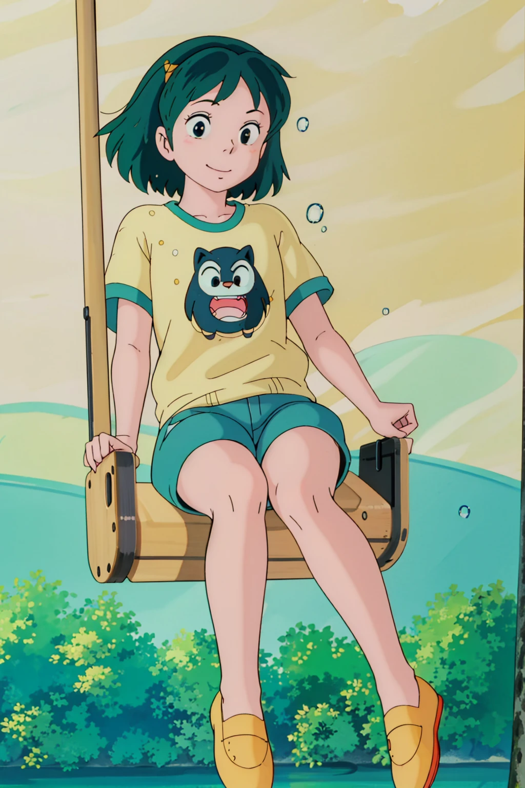 Lum, (masterpiece:1.4)、(top-quality:1.4)、(hight resolution:1.4)、A smile,1People Girls、falls、Water droplets、Oversized checked dull t-shirt、Wearing shorts、espadrilles、the woods、lo fi、swing、Frolic