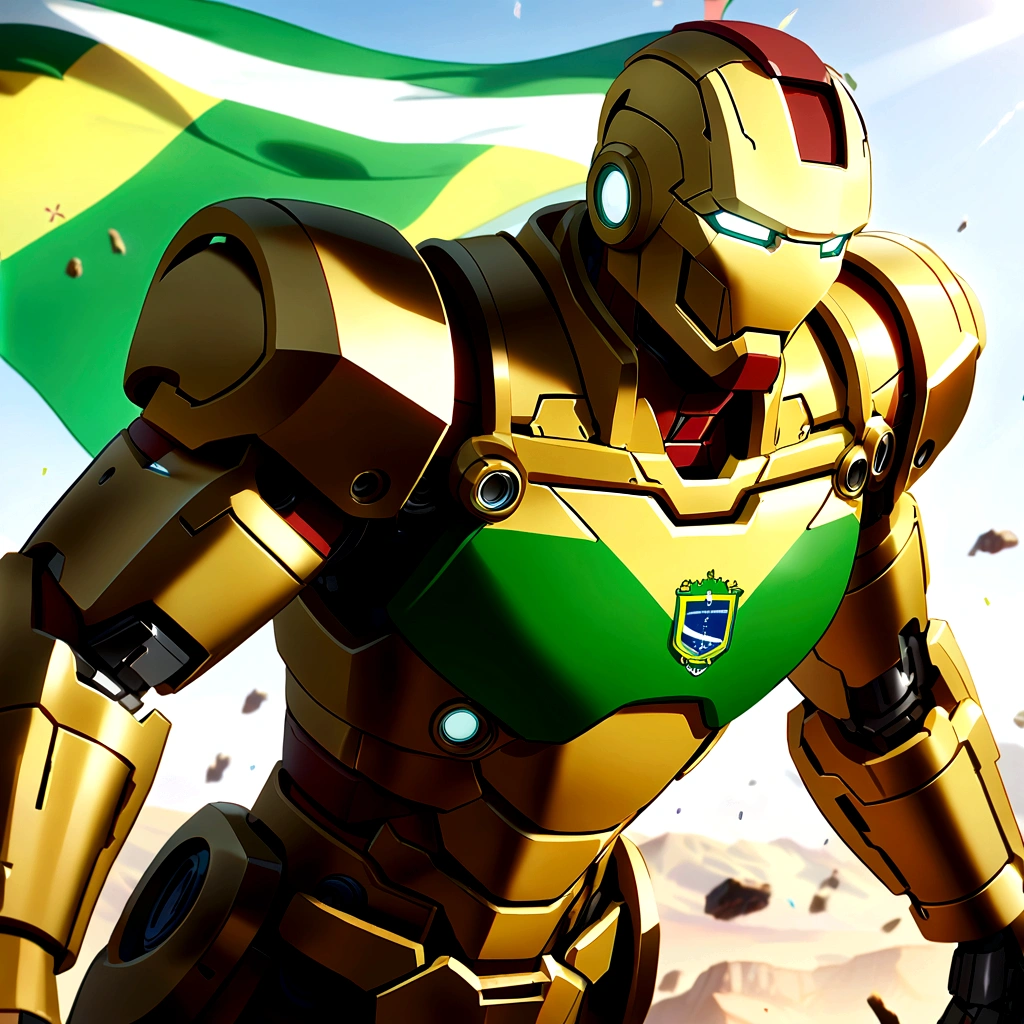 green yellow iron man with a brazilian flag in the background.