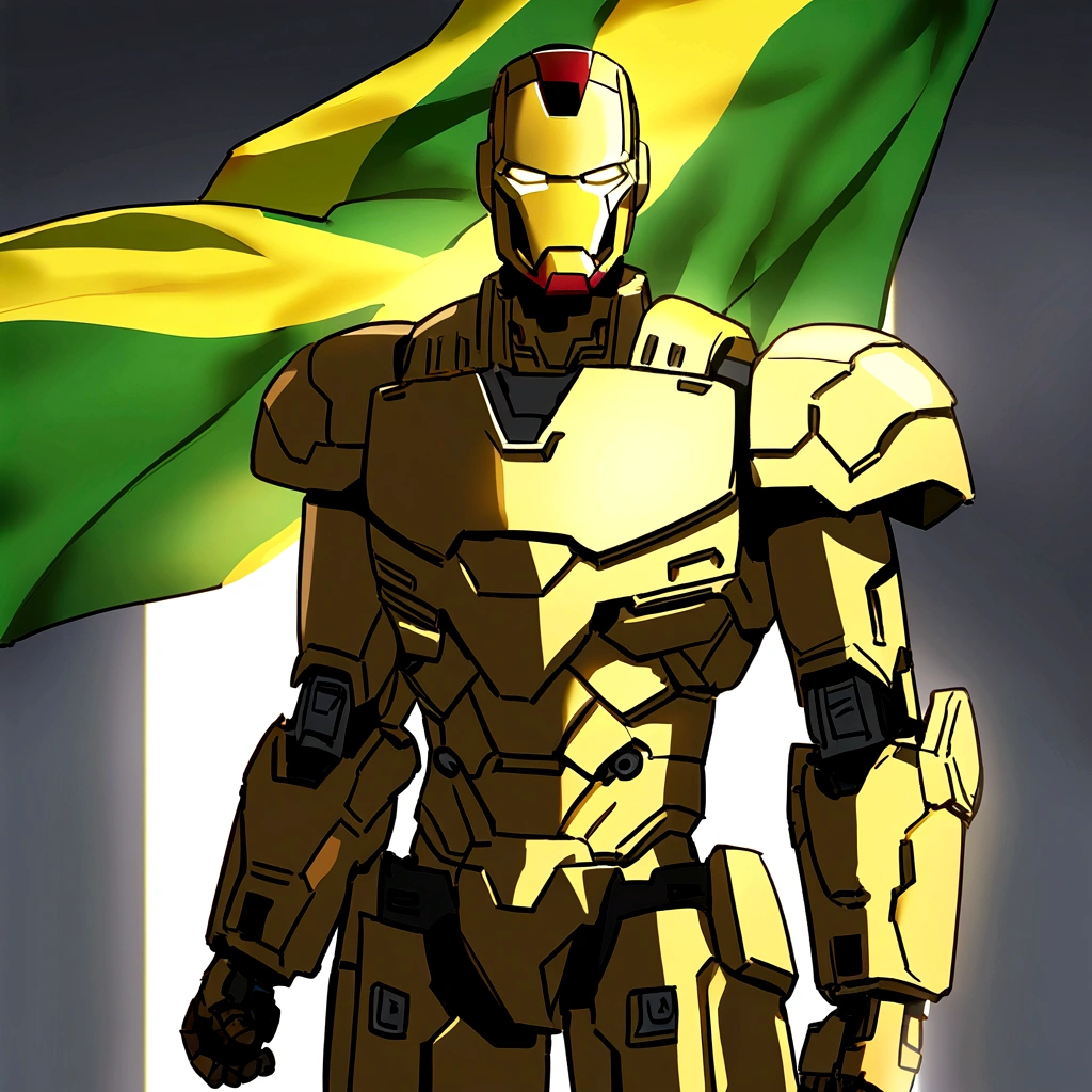 green yellow iron man with a brazilian flag in the background.
