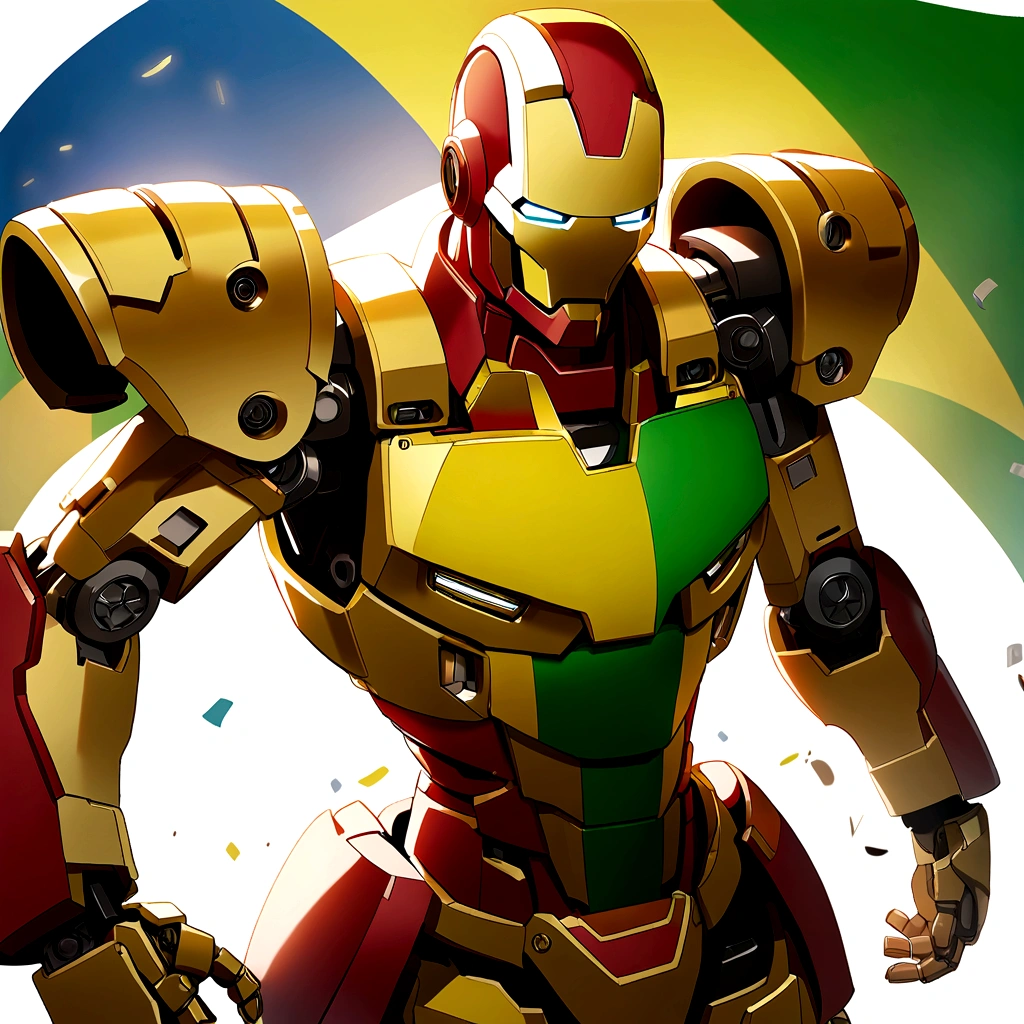 green yellow iron man with a brazilian flag in the background.