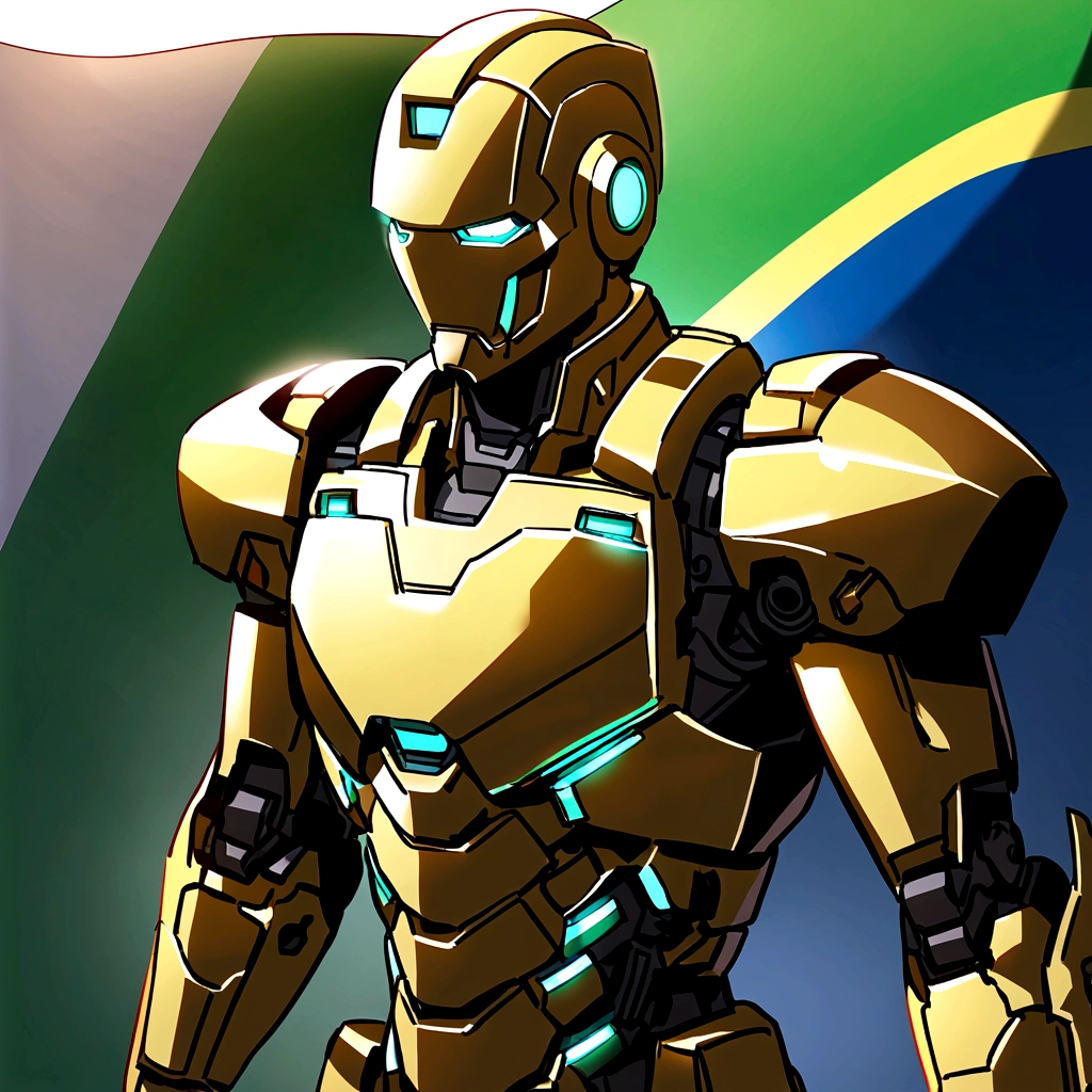 green yellow iron man with a brazilian flag in the background.