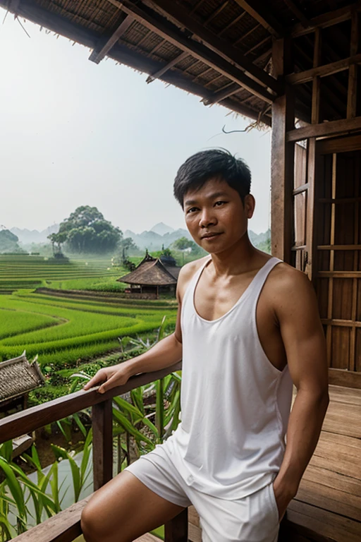 A Thai man wearing a tank top sits on the balcony of an old wooden house on the edge of a lush rice field. The morning atmosphere