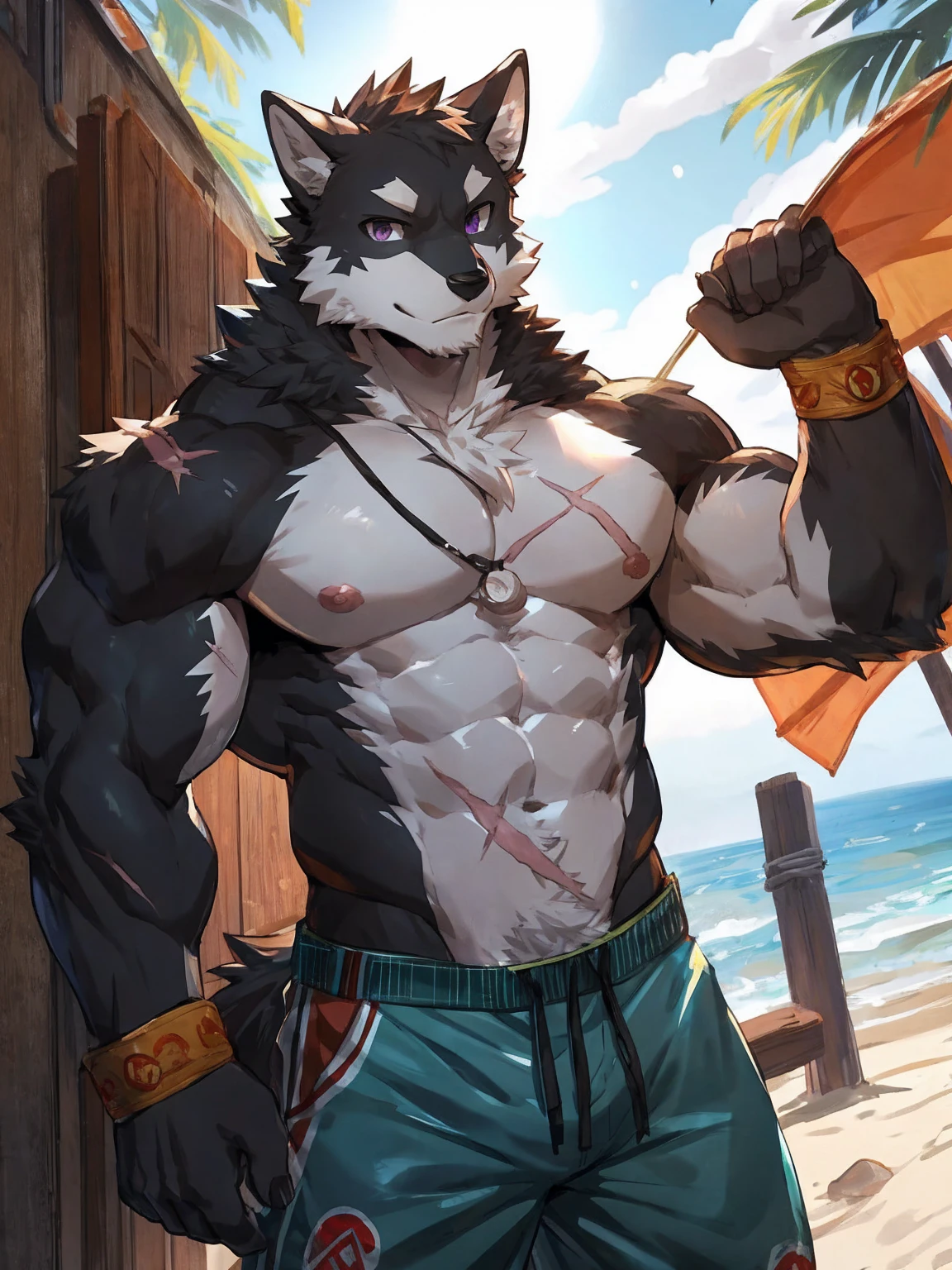 embedding:black wolf, male,purple eyes,Scar on the face, scar on the body,Single Person,sunglasses,Black fur.A swimsuit,Beach Pants，Mature, The highest quality of scene detail,adult,Tall and powerful,muscle，Best quality hands, best quality eye，detailed fur，Delicate eyes.Extreme picture quality，by sollyz,by zixiong,by milkytiger1145