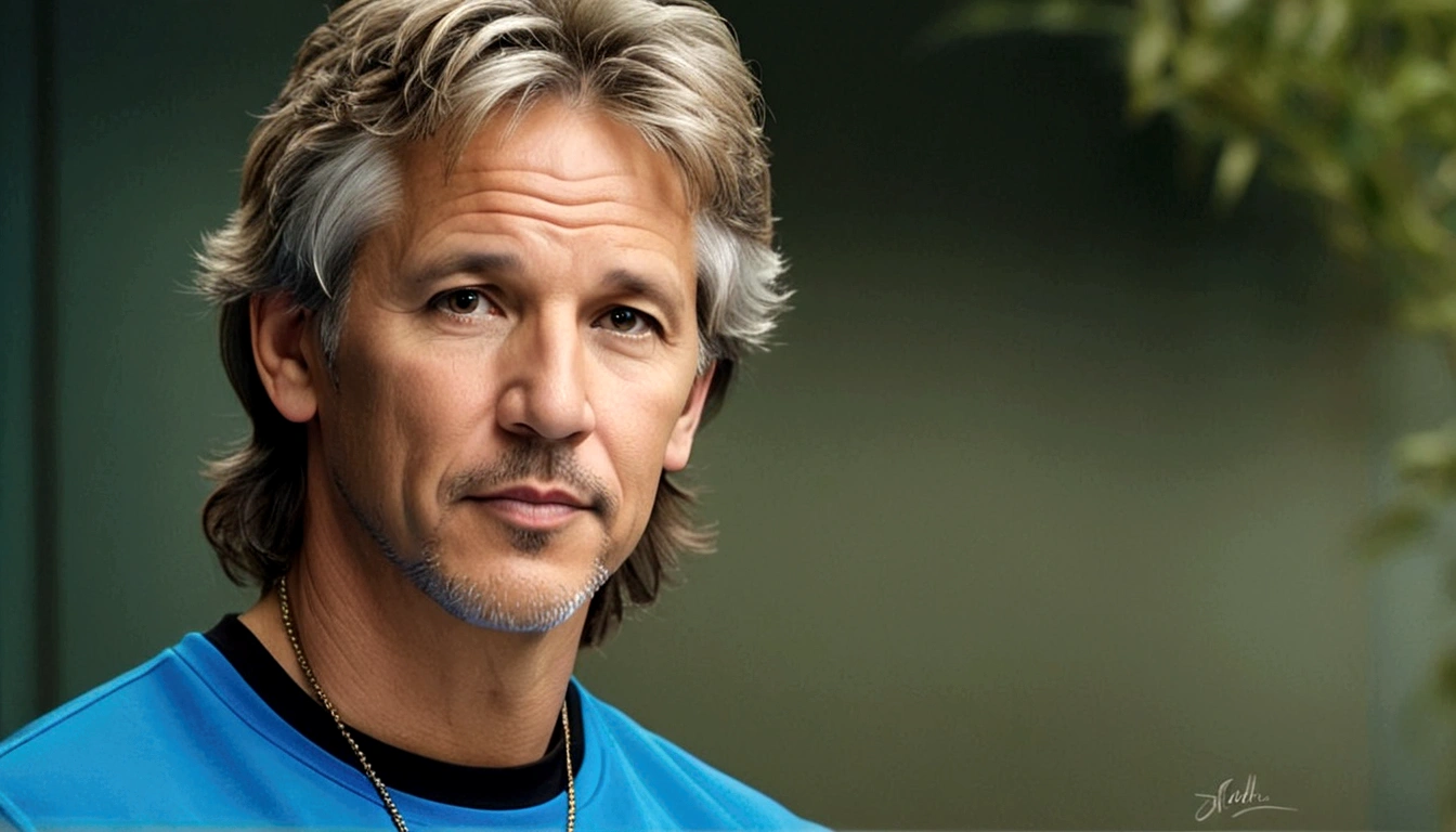 a young man called lineker, 50 years old, he has a face similar to Jon Bom Jovi, he has light hair, brown eyes, black blouse, black pants, black sneakers, he is sitting on his sofa with his cell phone looking at some photos